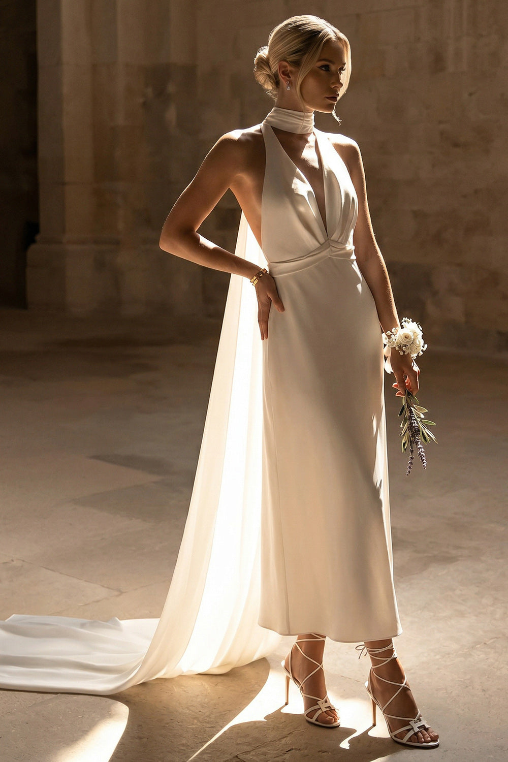 White Neck Scarf Sheath Maxi Beach Wedding Dress