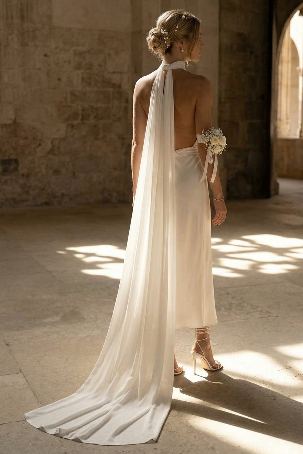 White Neck Scarf Sheath Maxi Beach Wedding Dress