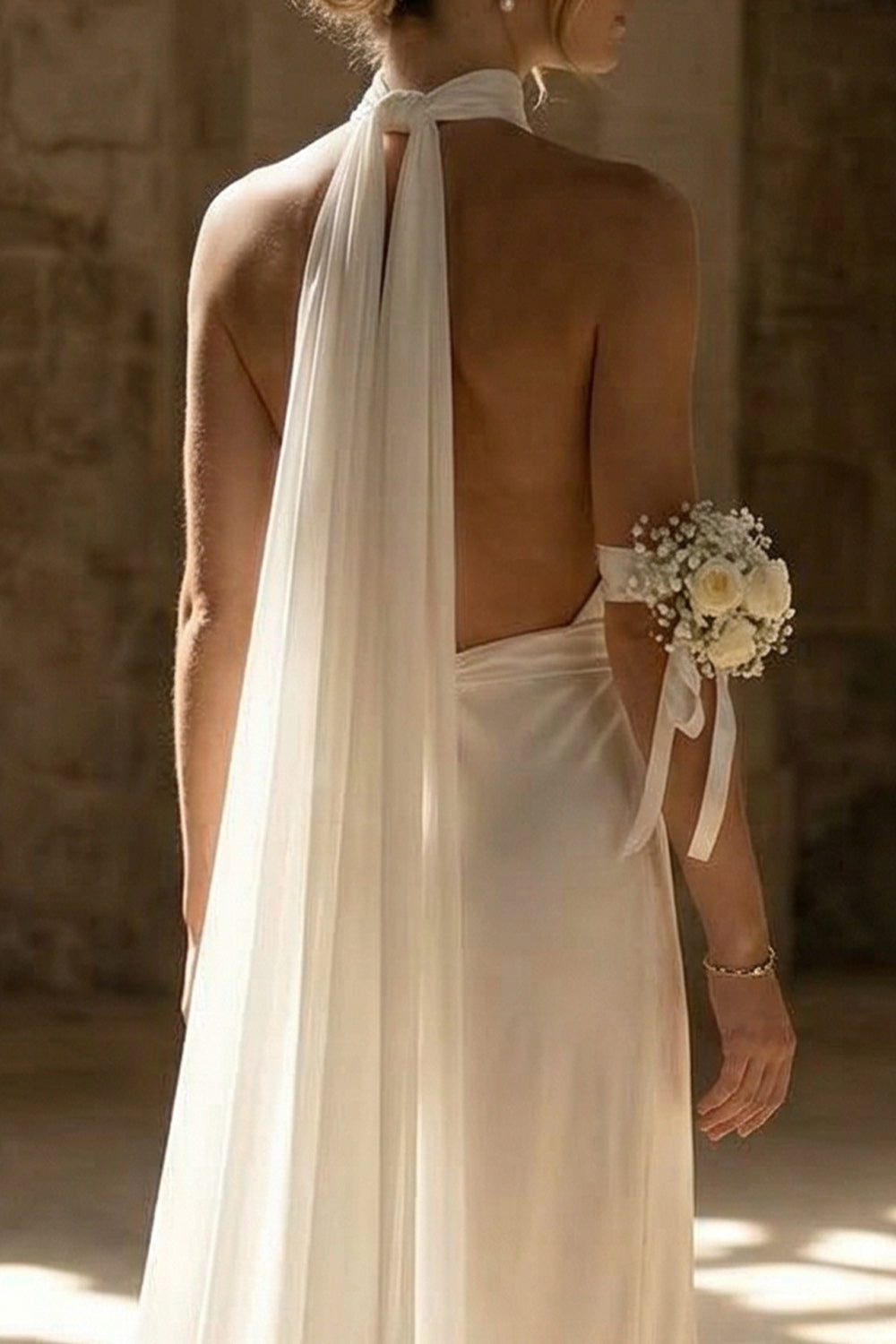 White Neck Scarf Sheath Maxi Beach Wedding Dress