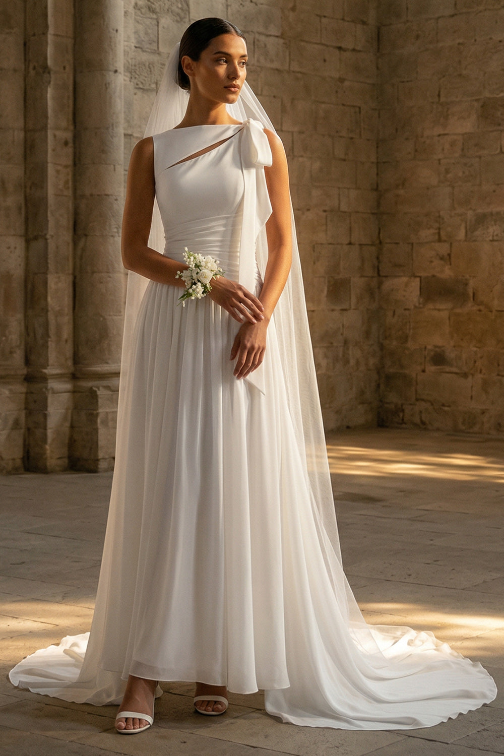 White A Line Beach Sweep Train Wedding Dress with Lace