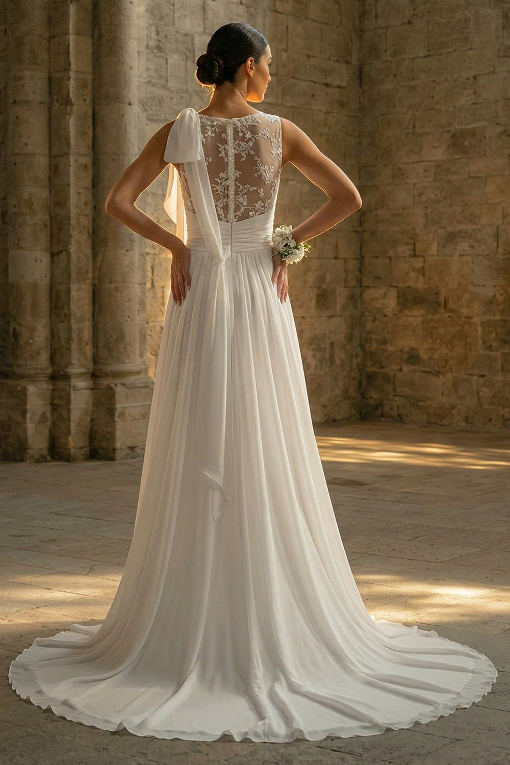 White A Line Beach Sweep Train Wedding Dress with Lace