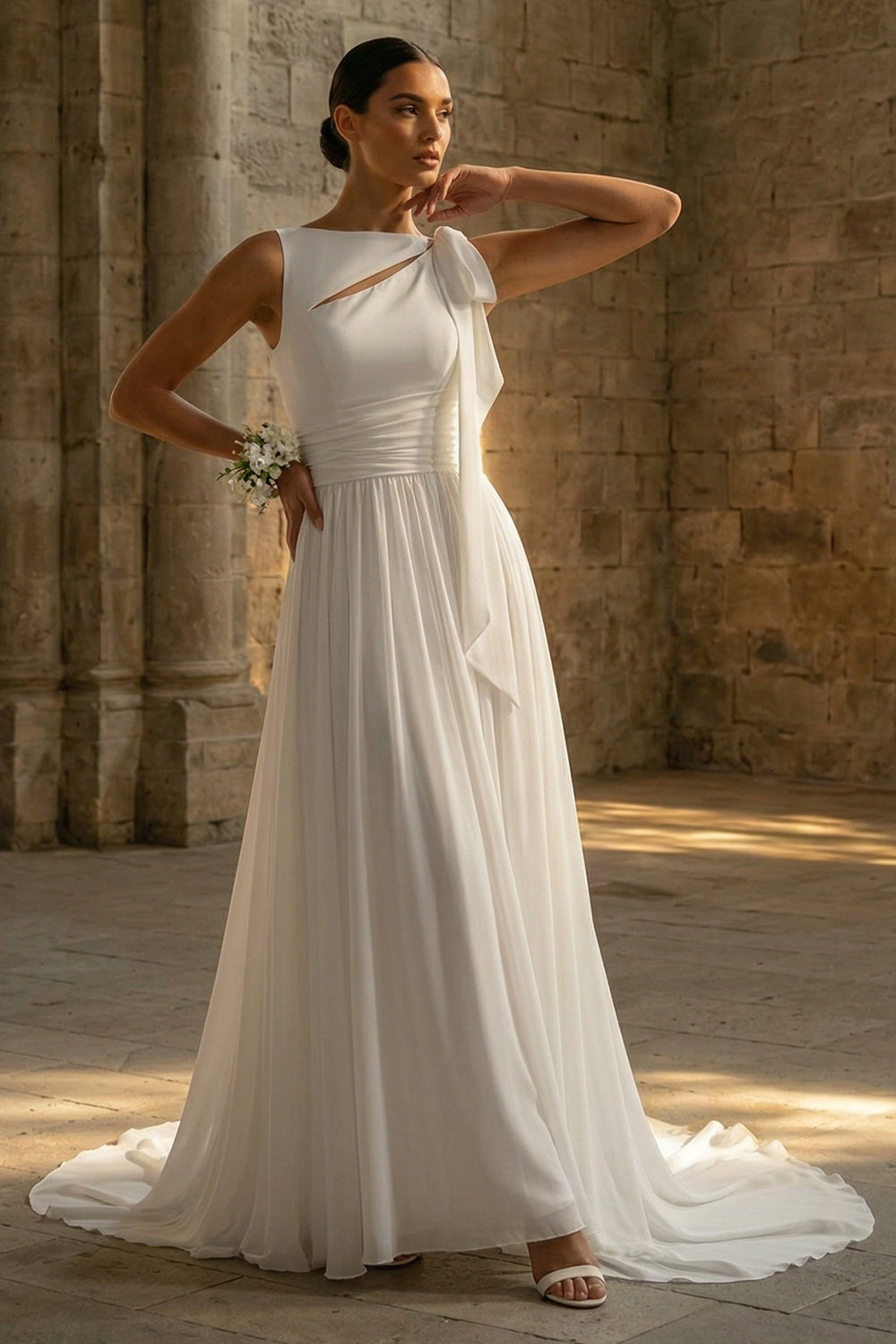 White A Line Beach Sweep Train Wedding Dress with Lace