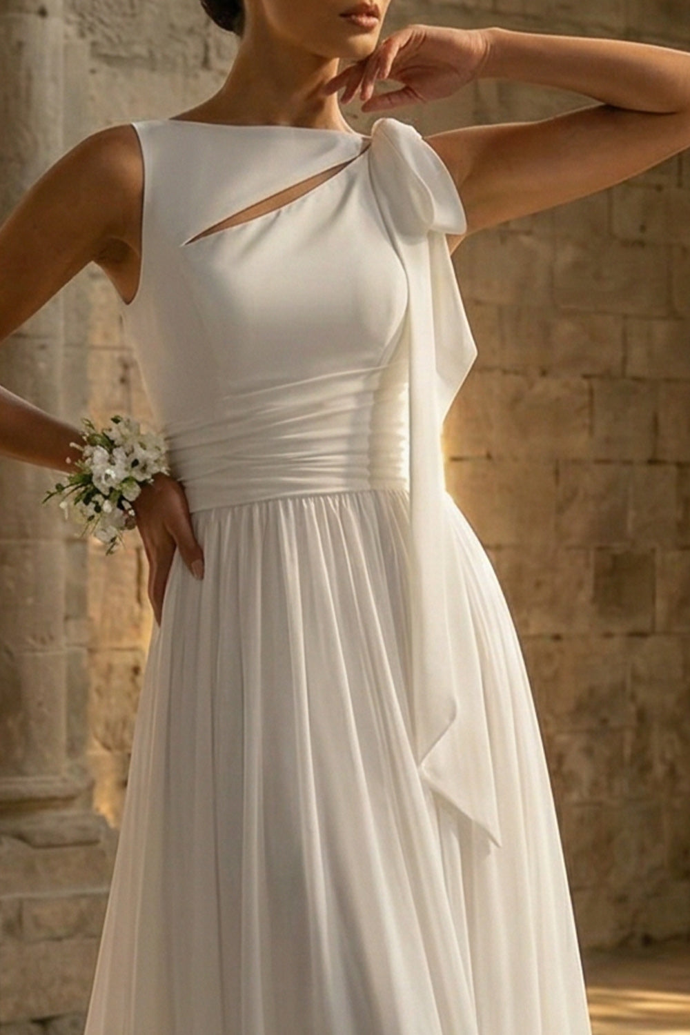 White A Line Beach Sweep Train Wedding Dress with Lace
