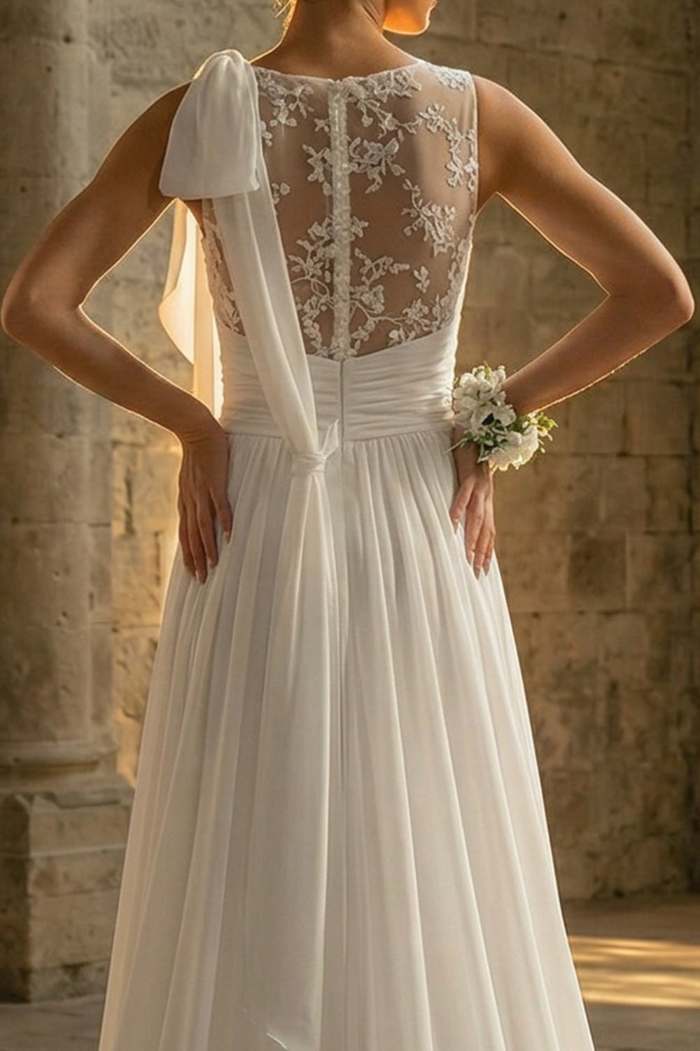 White A Line Beach Sweep Train Wedding Dress with Lace