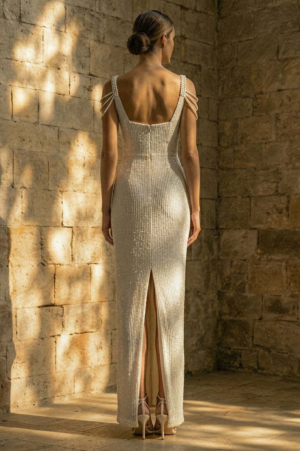 Sparkly White Sheath Beaded Maxi Sequin Wedding Dress