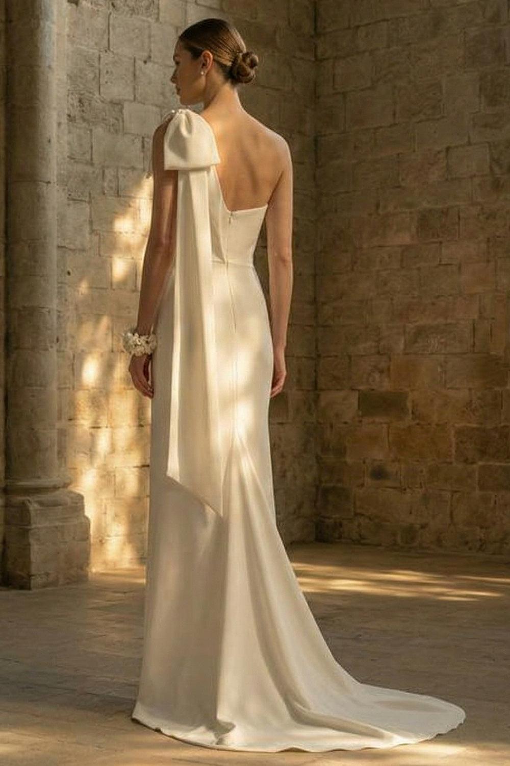 Maxi White One Shoulder Mermaid Beach Wedding Dress with Bow