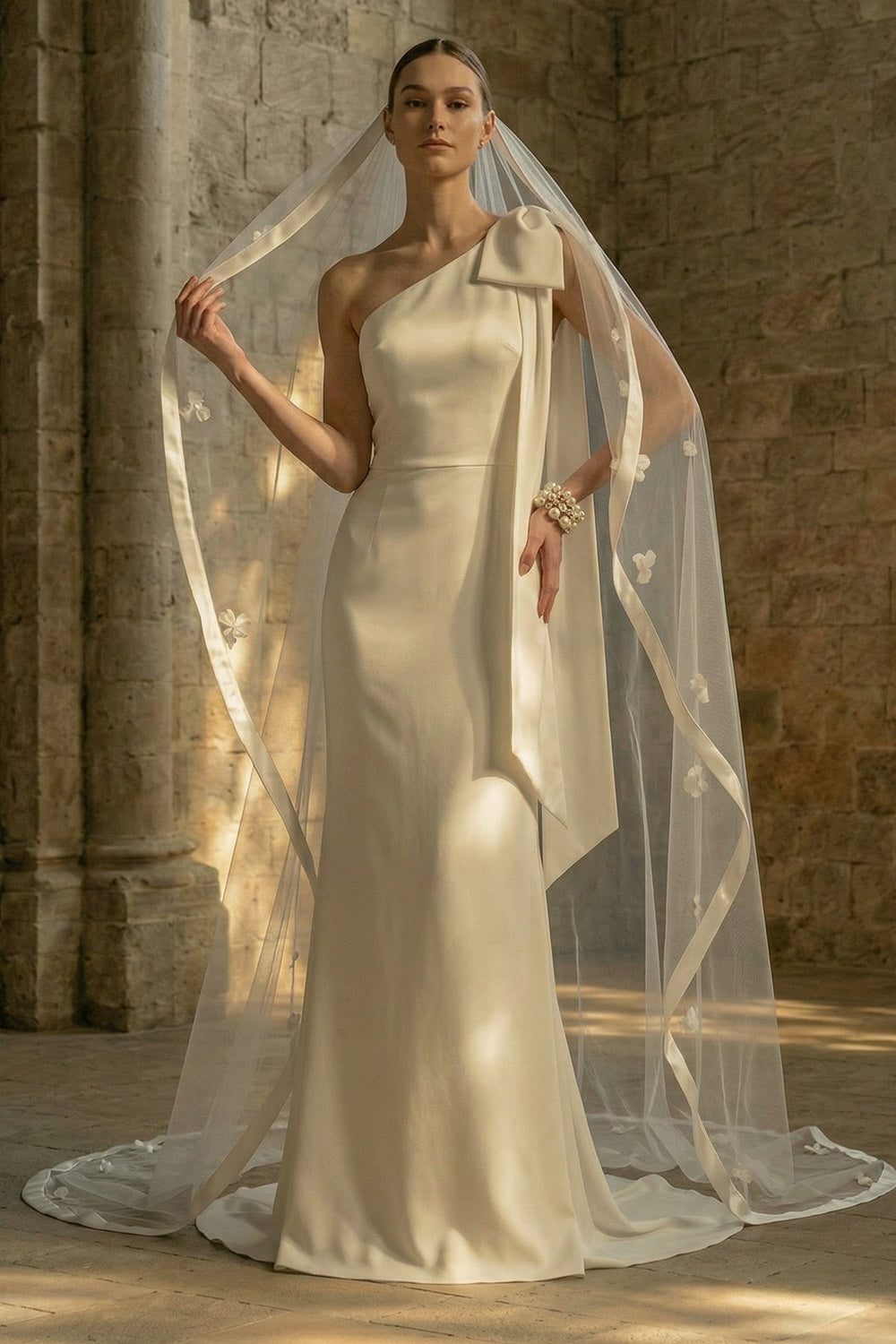 Maxi White One Shoulder Mermaid Beach Wedding Dress with Bow