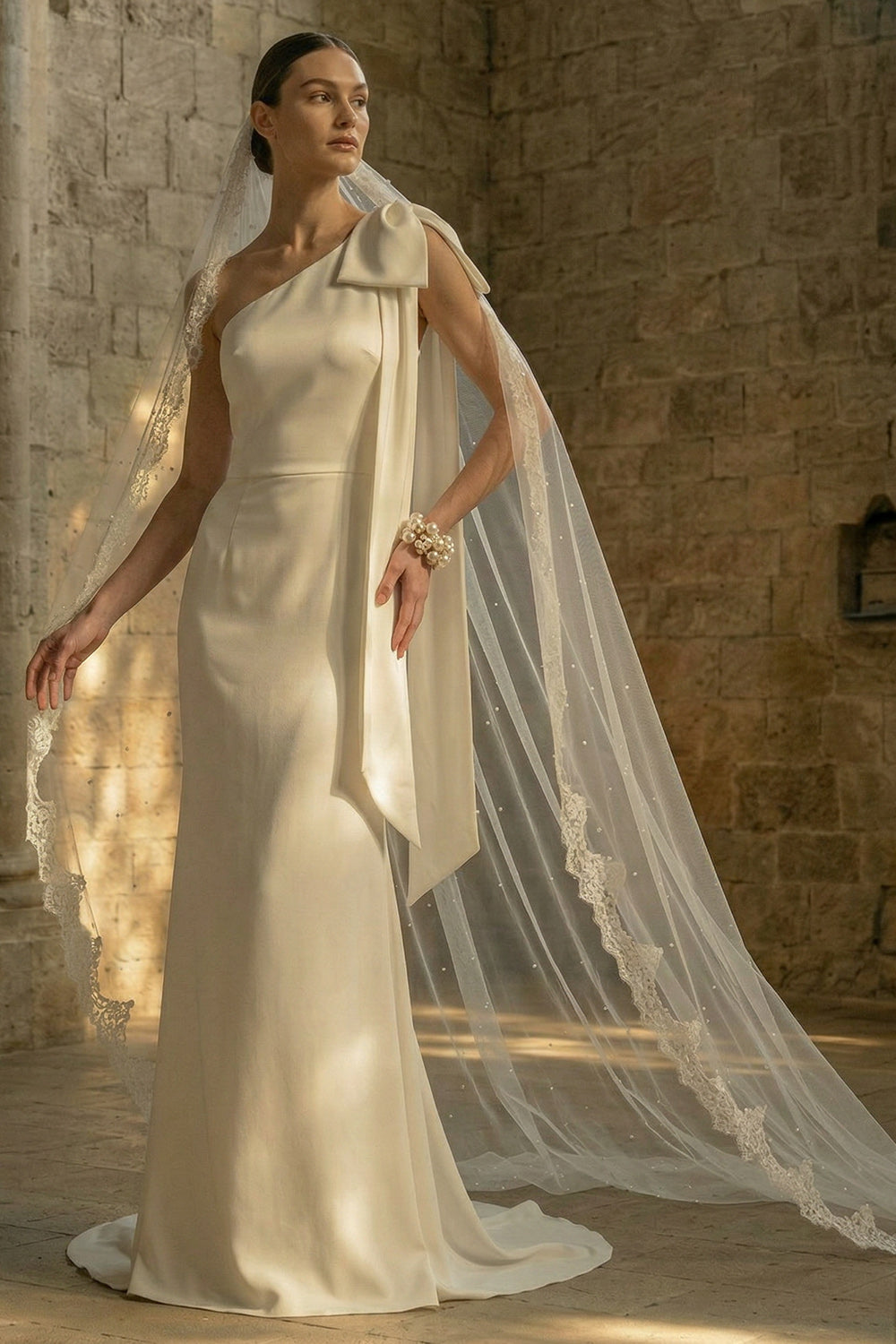 Maxi White One Shoulder Mermaid Beach Wedding Dress with Bow