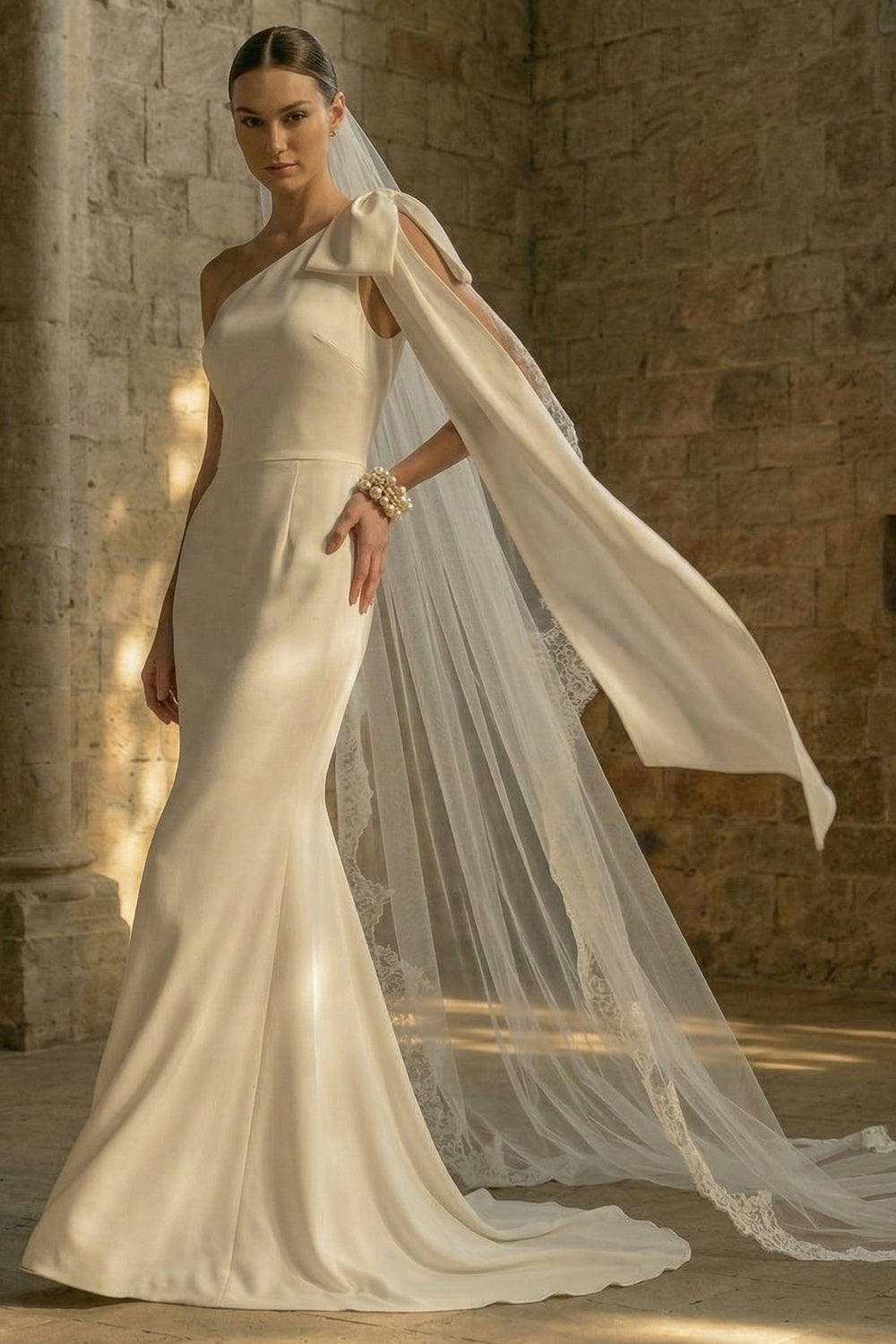 Maxi White One Shoulder Mermaid Beach Wedding Dress with Bow