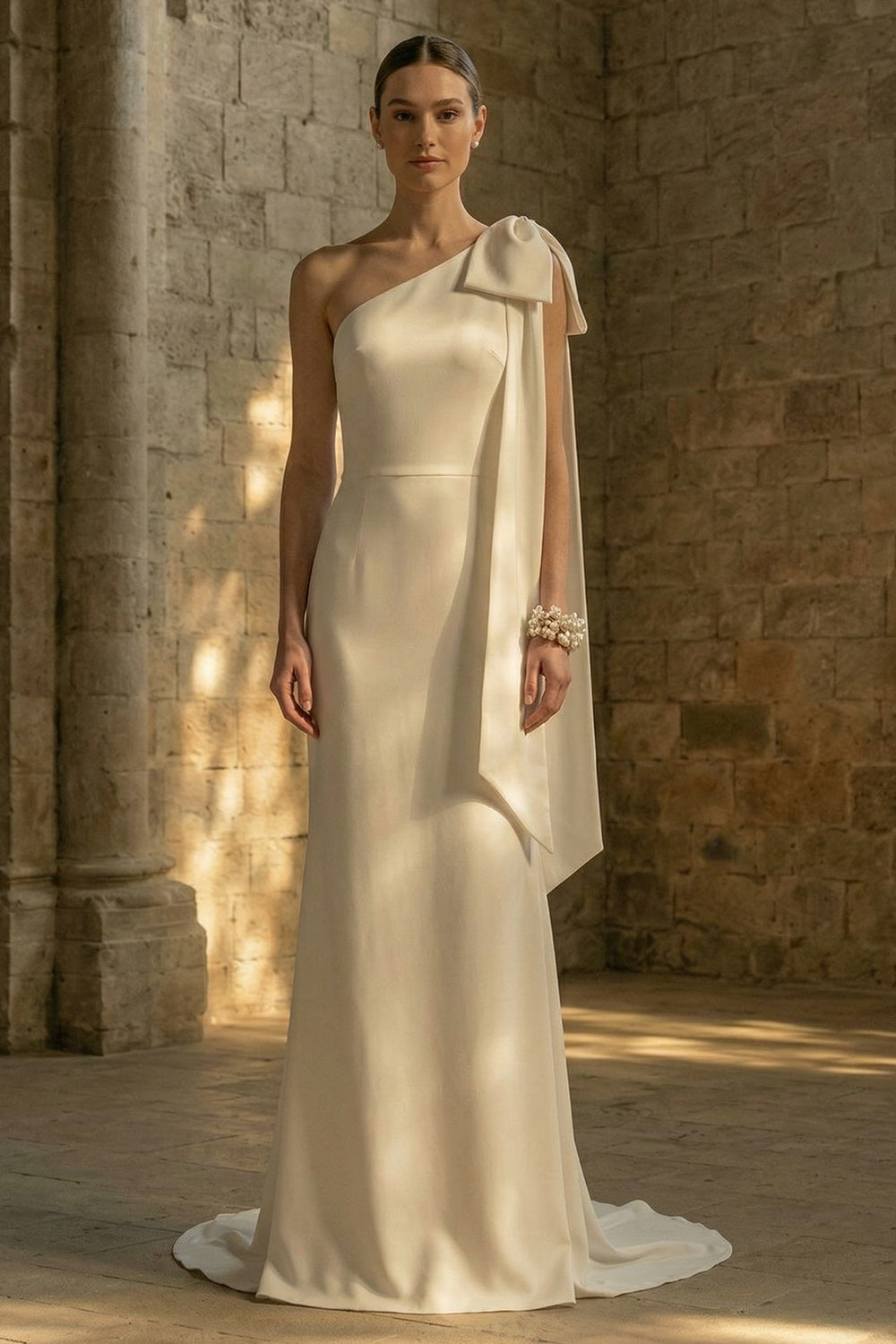 Maxi White One Shoulder Mermaid Beach Wedding Dress with Bow