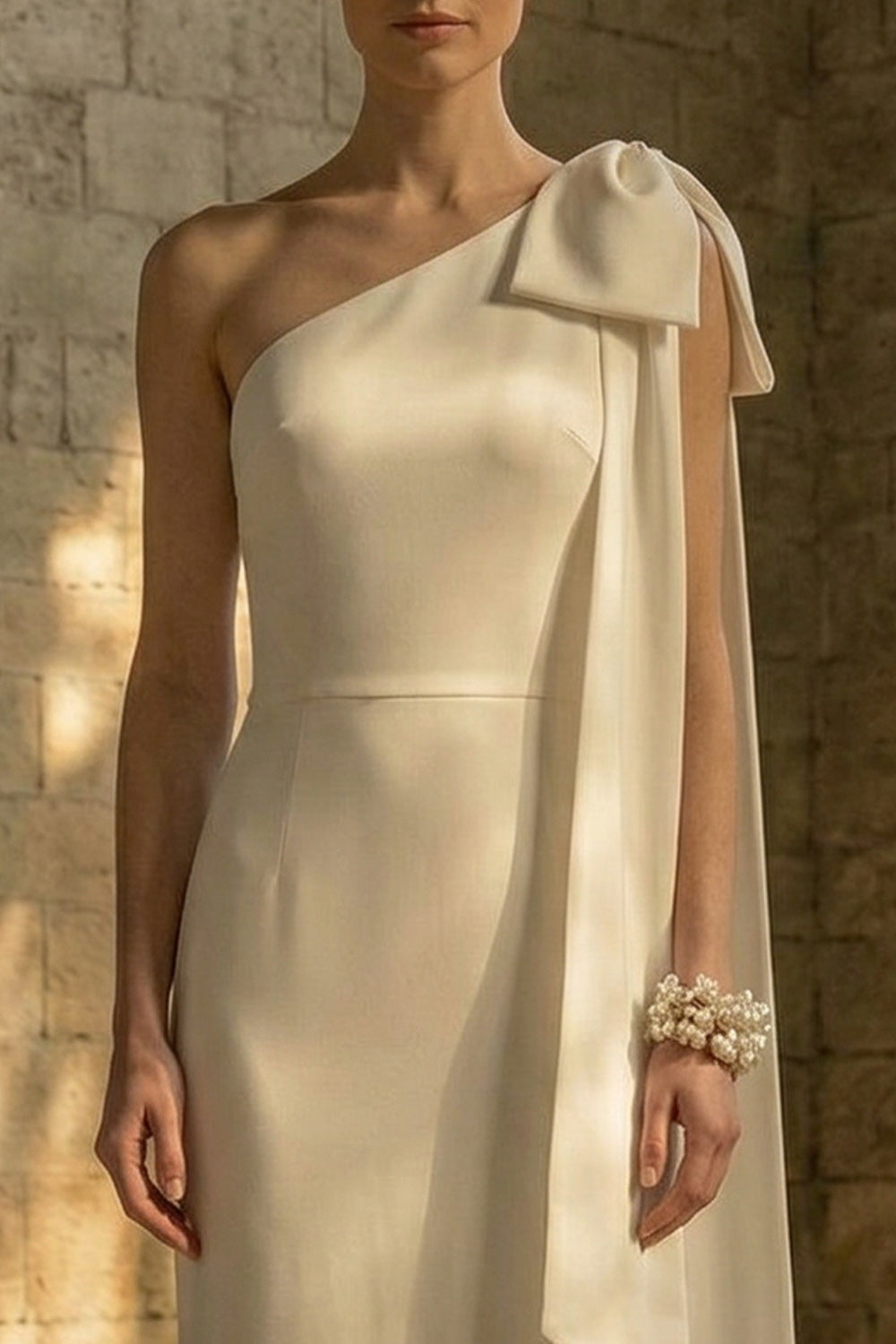 Maxi White One Shoulder Mermaid Beach Wedding Dress with Bow