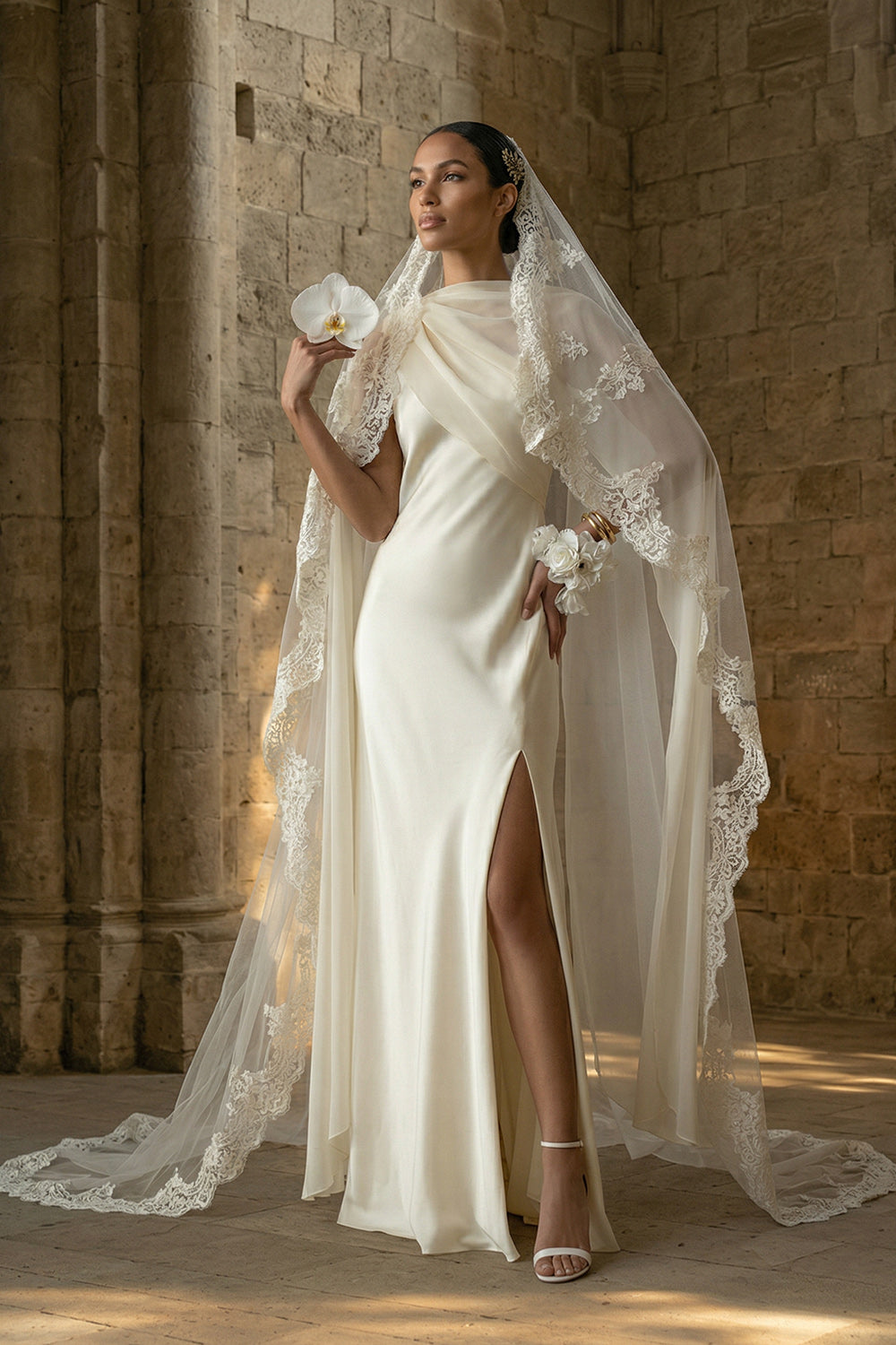 White Sheath Beach Maxi Wedding Dress with Cape
