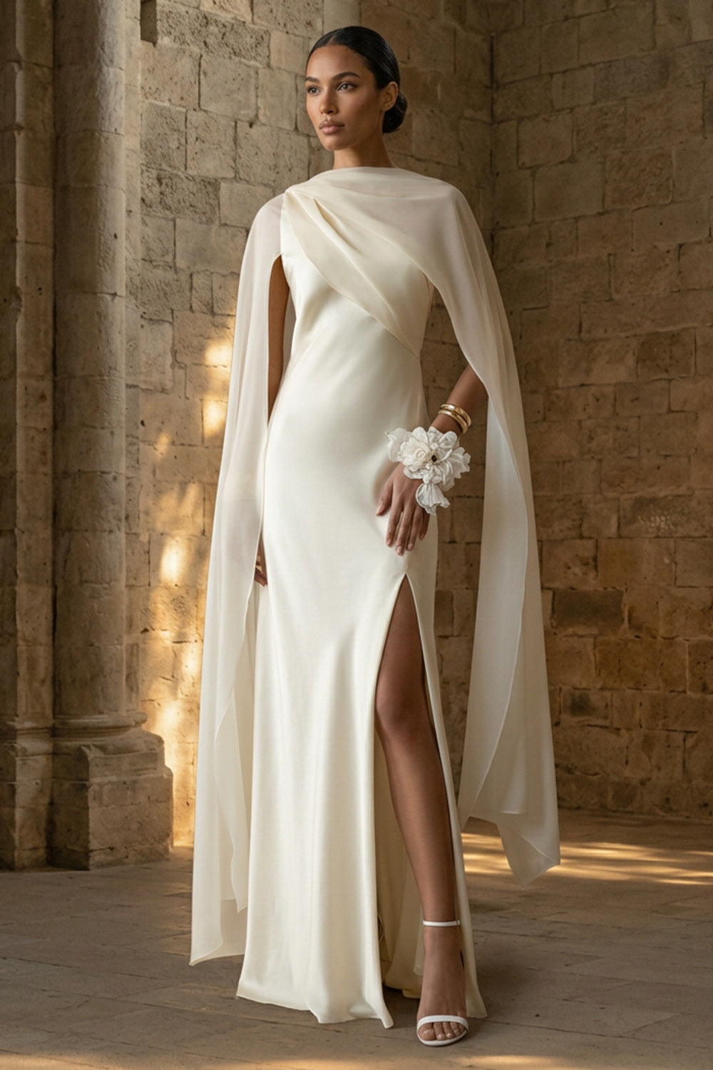 White Sheath Beach Maxi Wedding Dress with Cape