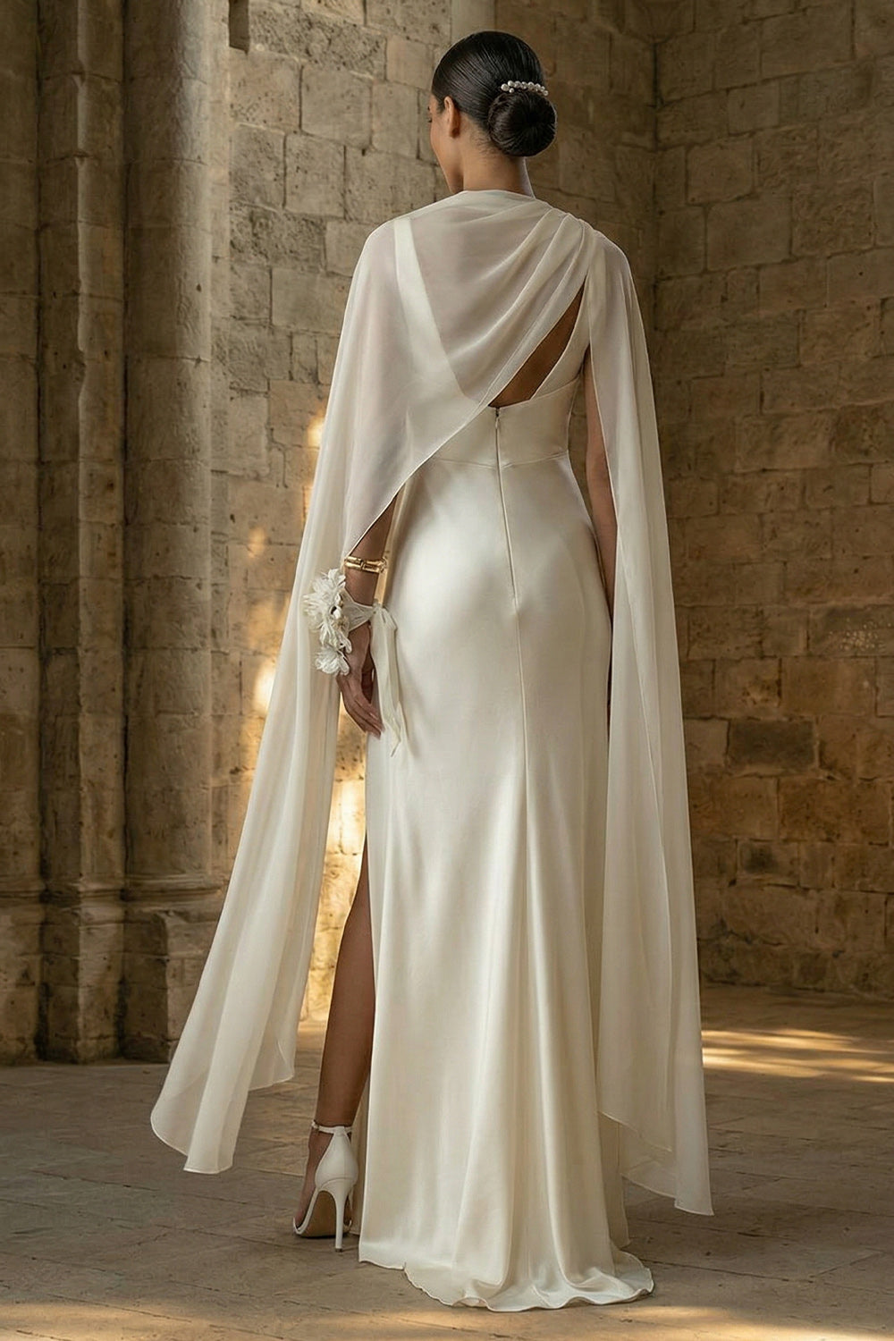 White Sheath Beach Maxi Wedding Dress with Cape