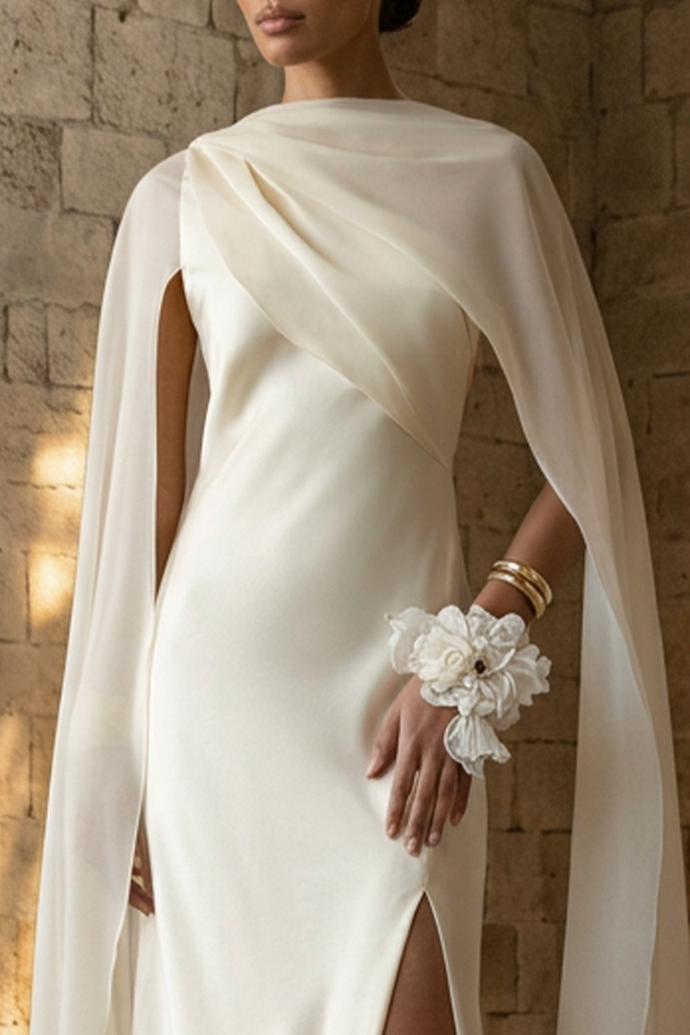 White Sheath Beach Maxi Wedding Dress with Cape