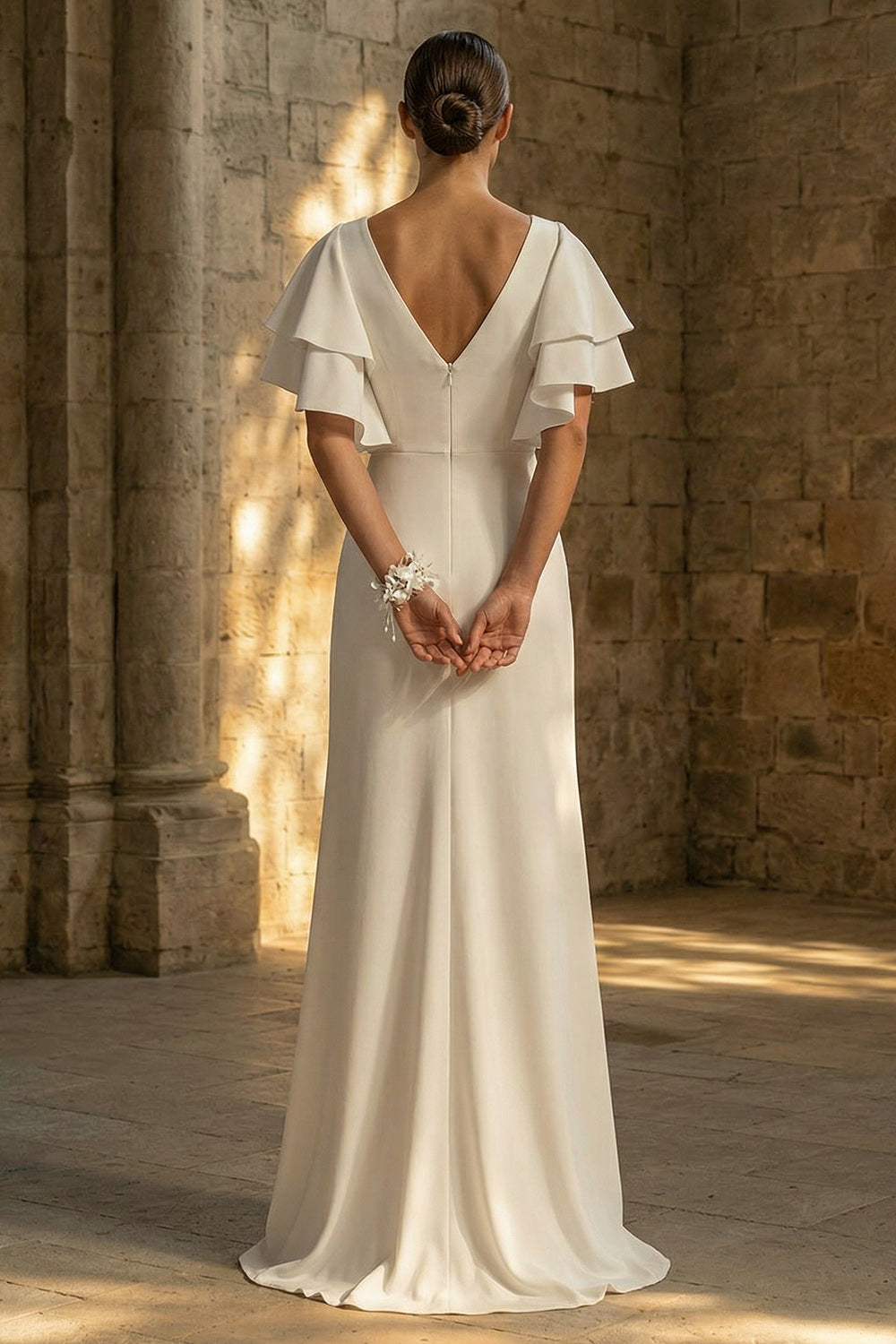 White Maxi Pleated A Line Beach Wedding Dress with Slit