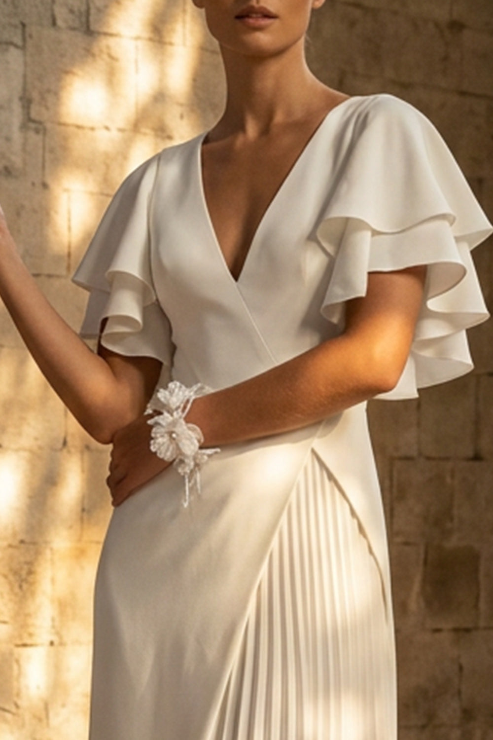 White Maxi Pleated A Line Beach Wedding Dress with Slit