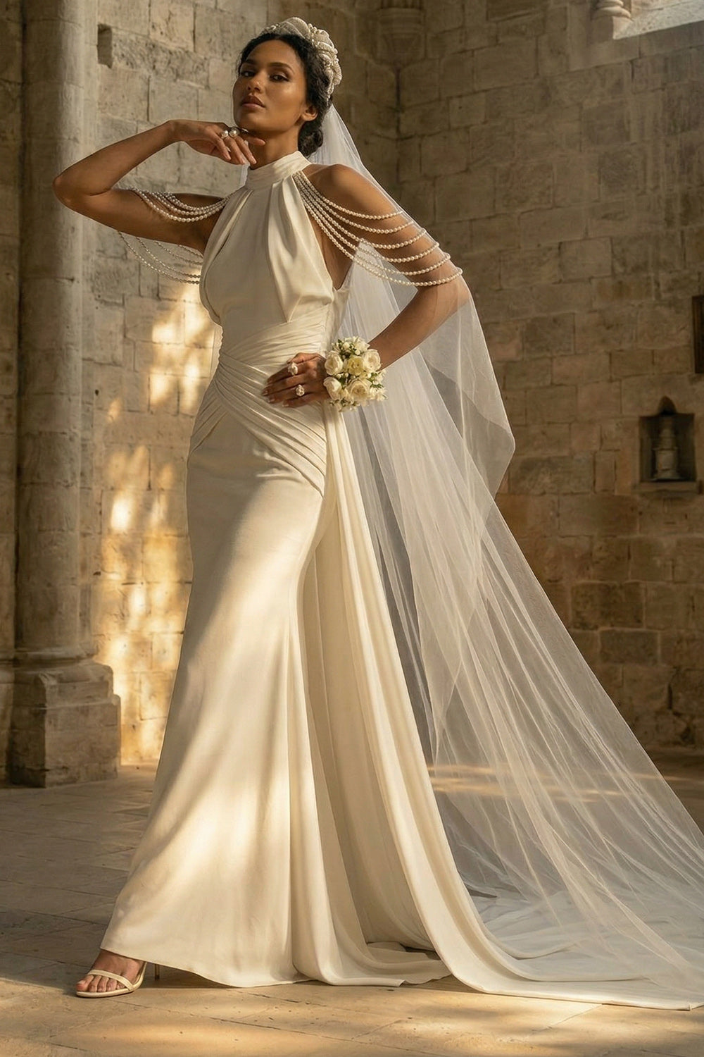 White Mermaid Ruched Beaded Maxi Boho Wedding Dress