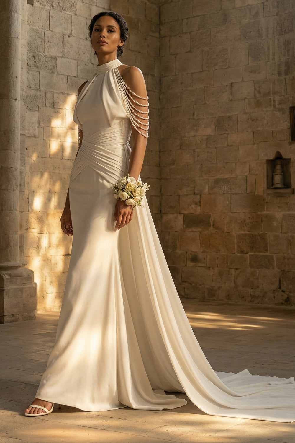 White Mermaid Ruched Beaded Maxi Boho Wedding Dress