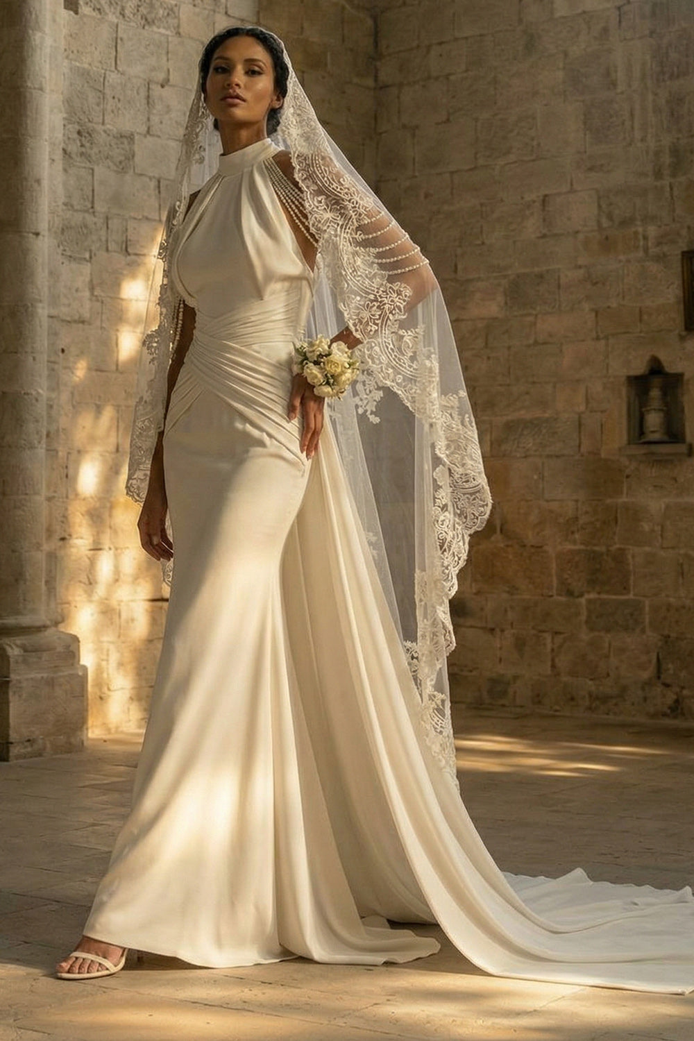 White Mermaid Ruched Beaded Maxi Boho Wedding Dress