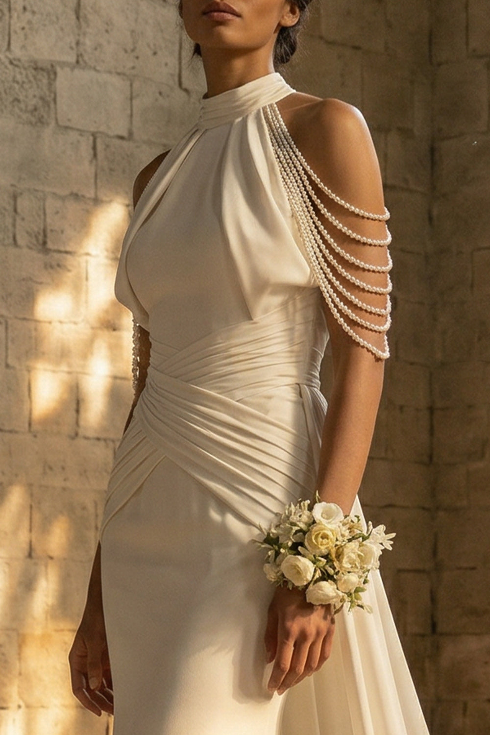 White Mermaid Ruched Beaded Maxi Boho Wedding Dress