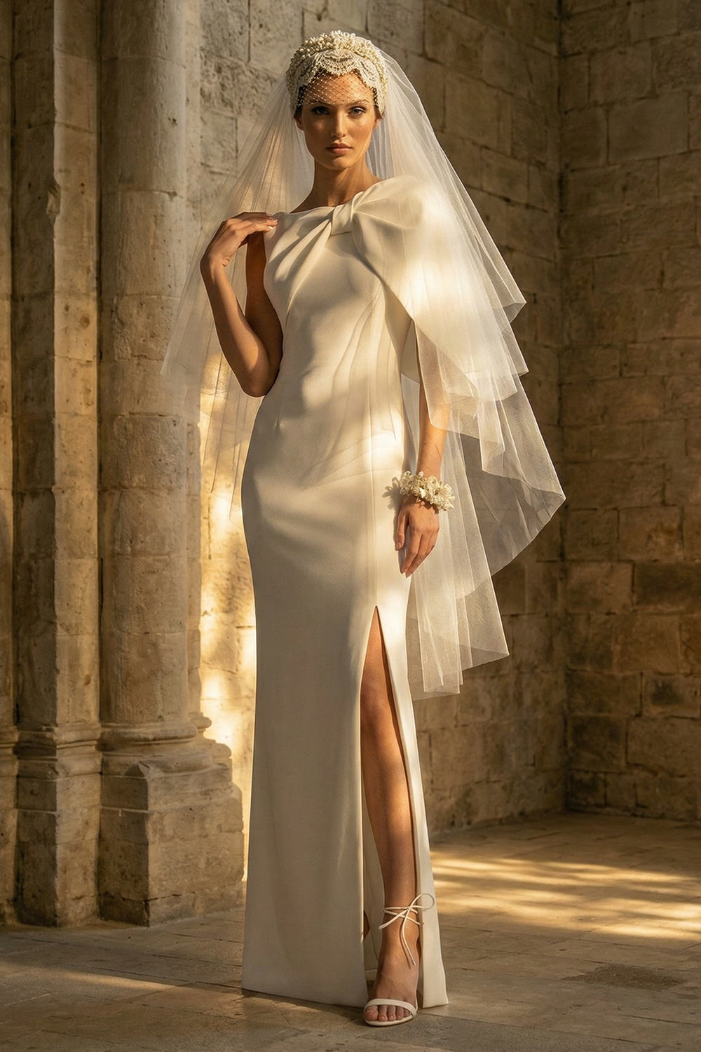 White Mermaid Beach Maxi Wedding Dress with Slit