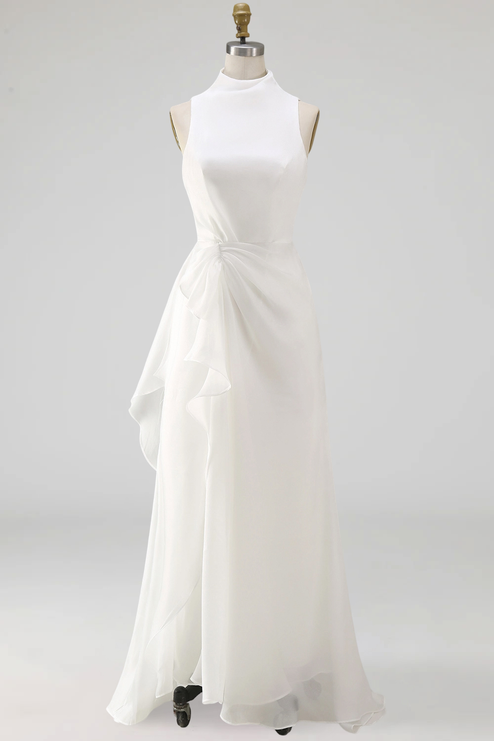 White Sheath High Neck Ruched Maxi Beach Wedding Dress
