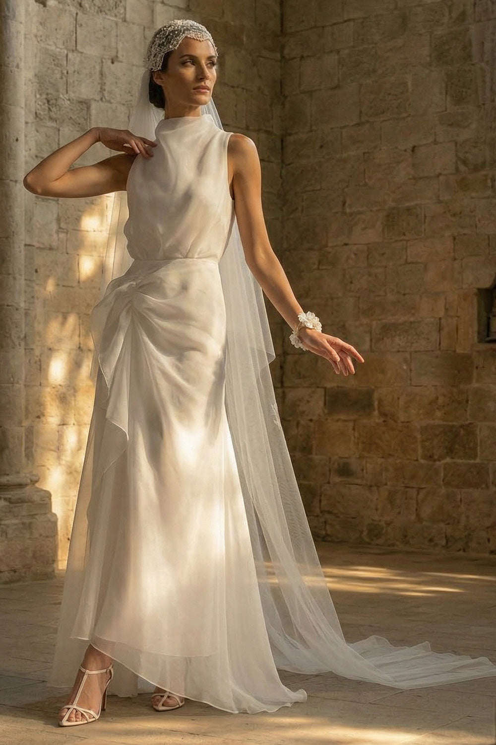 White Sheath High Neck Ruched Maxi Beach Wedding Dress