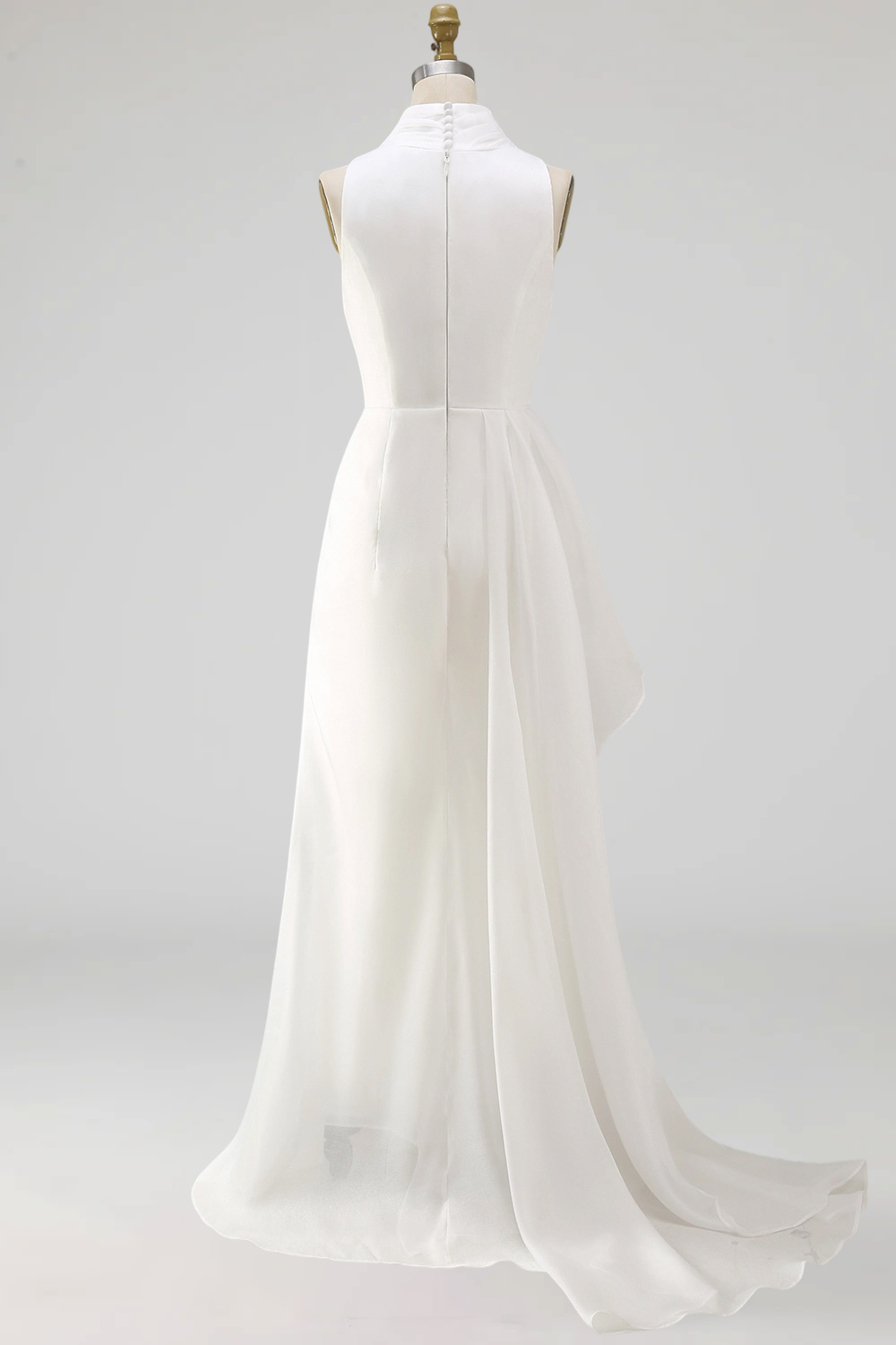 White Sheath High Neck Ruched Maxi Beach Wedding Dress