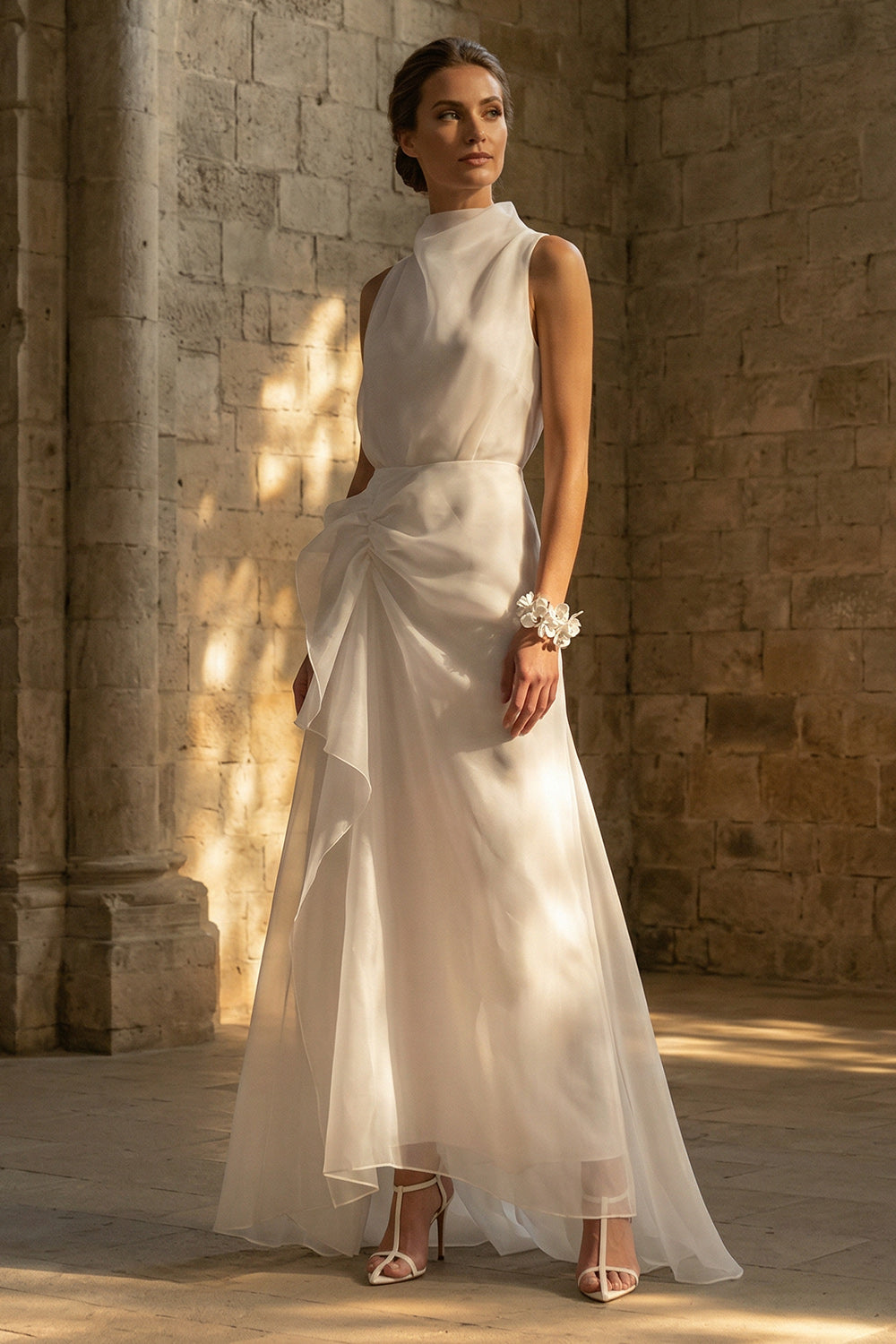 White Sheath High Neck Ruched Maxi Beach Wedding Dress