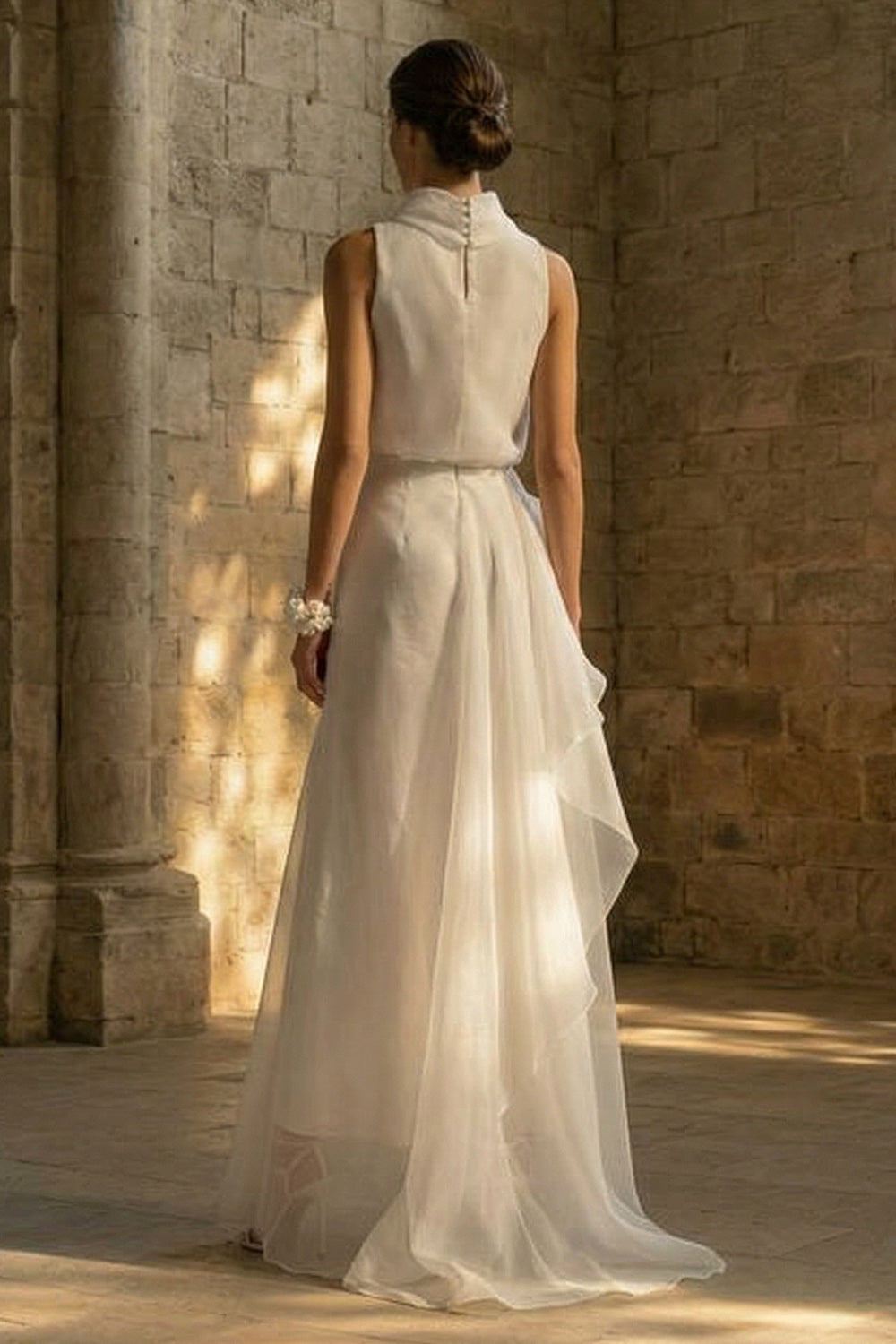 White Sheath High Neck Ruched Maxi Beach Wedding Dress