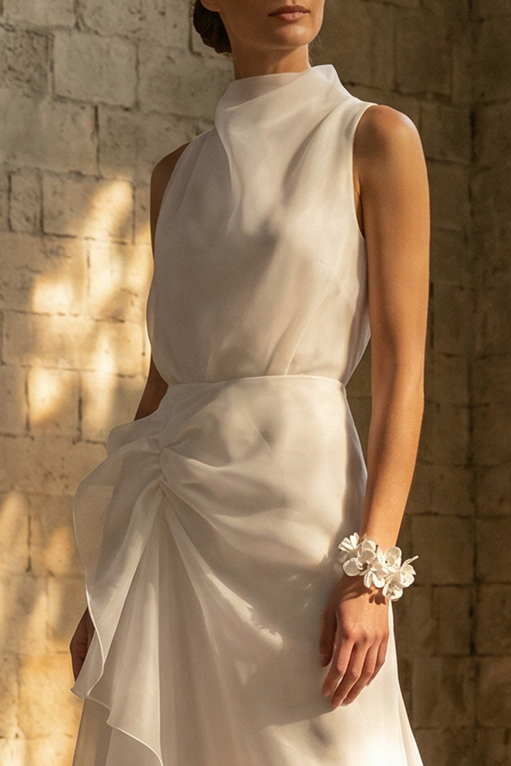 White Sheath High Neck Ruched Maxi Beach Wedding Dress