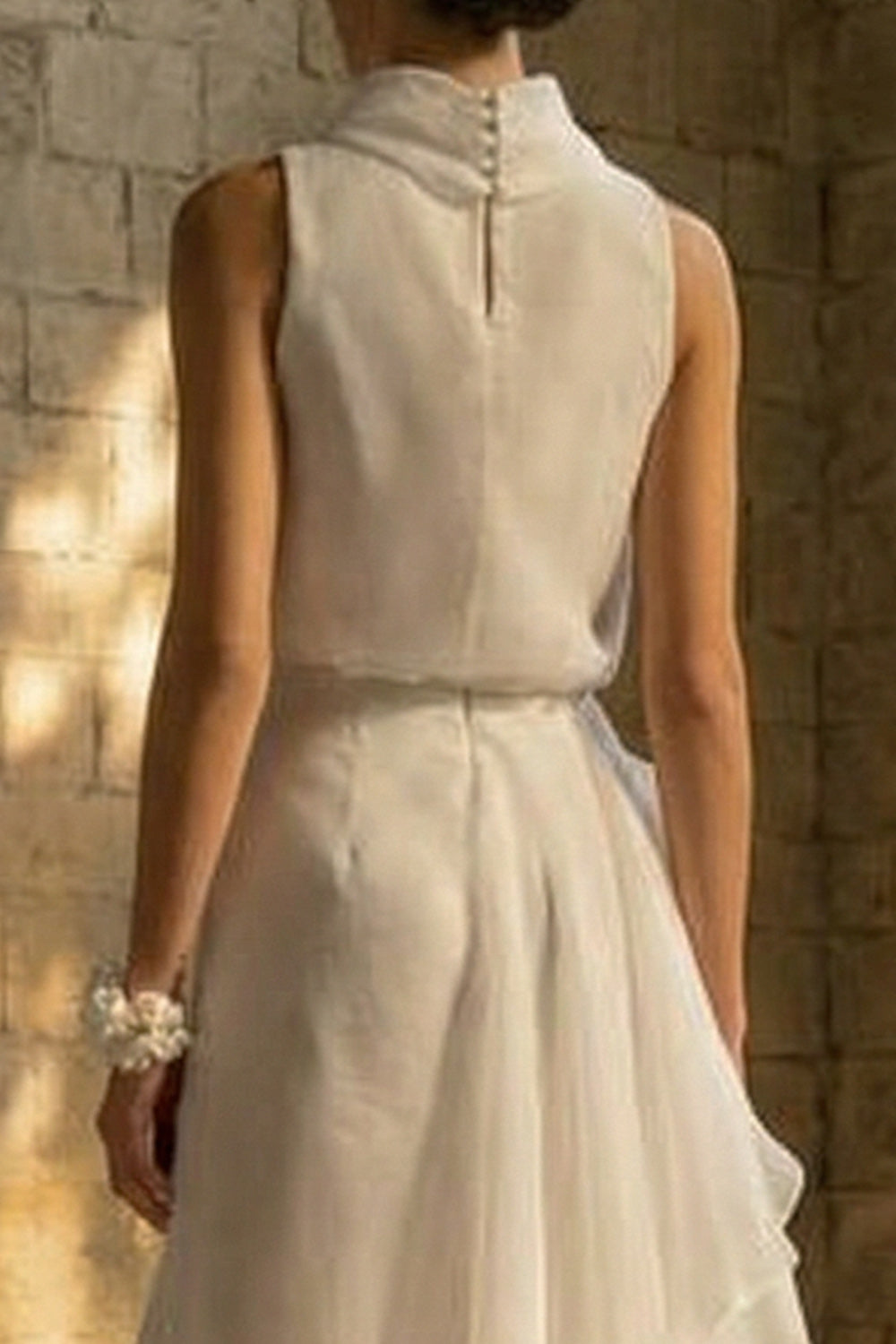 White Sheath High Neck Ruched Maxi Beach Wedding Dress