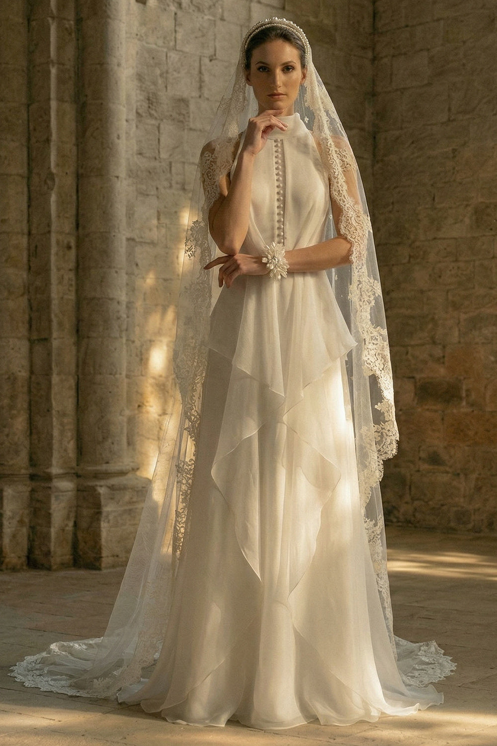 White High Neck A Line Maxi Beach Wedding Dress with Ruffles