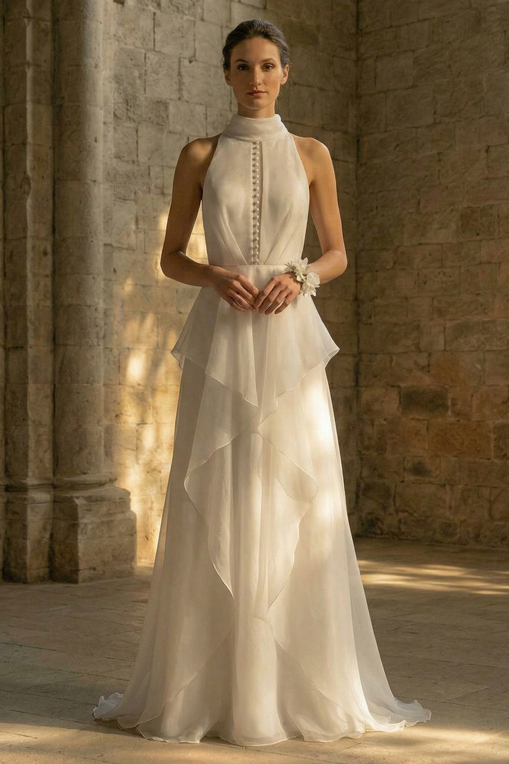 White High Neck A Line Maxi Beach Wedding Dress with Ruffles