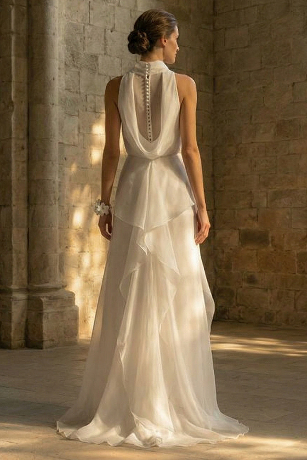 White High Neck A Line Maxi Beach Wedding Dress with Ruffles