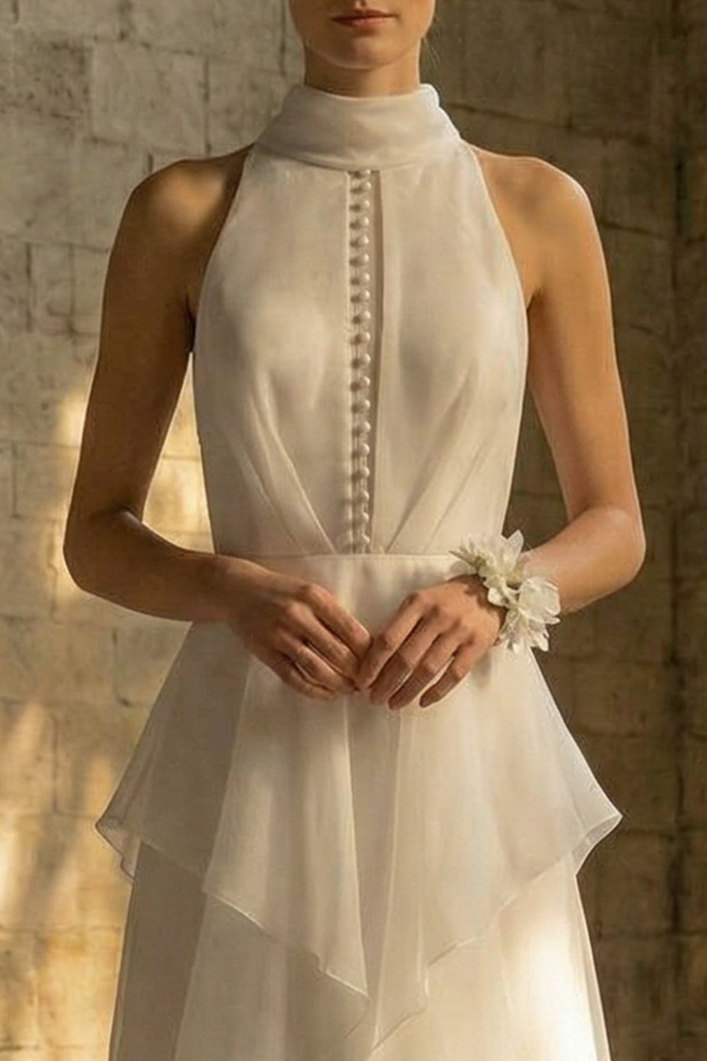 White High Neck A Line Maxi Beach Wedding Dress with Ruffles