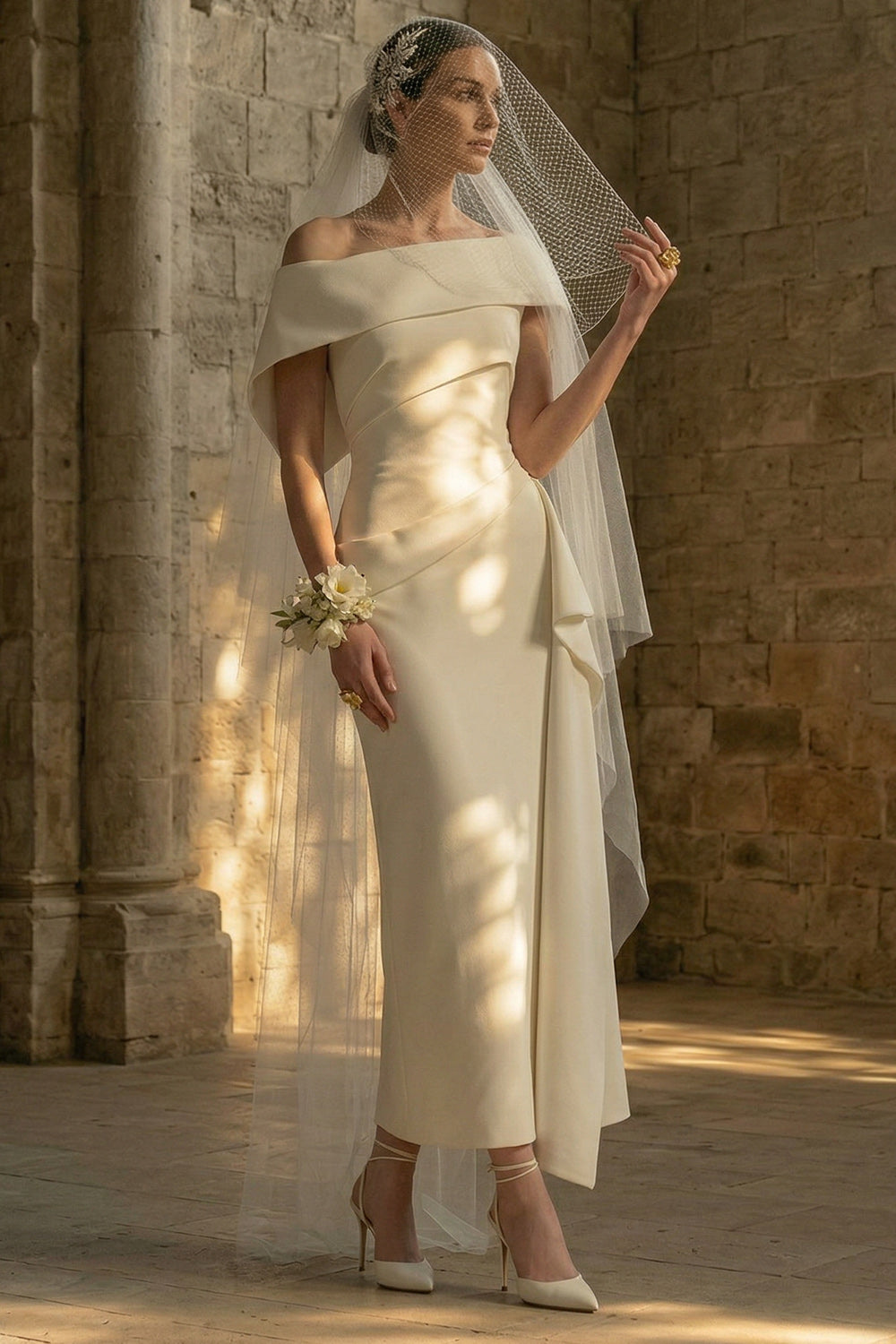 Sheath Off The Shoulder Ruched White Maxi Reception Dress for Bride with Side Cape