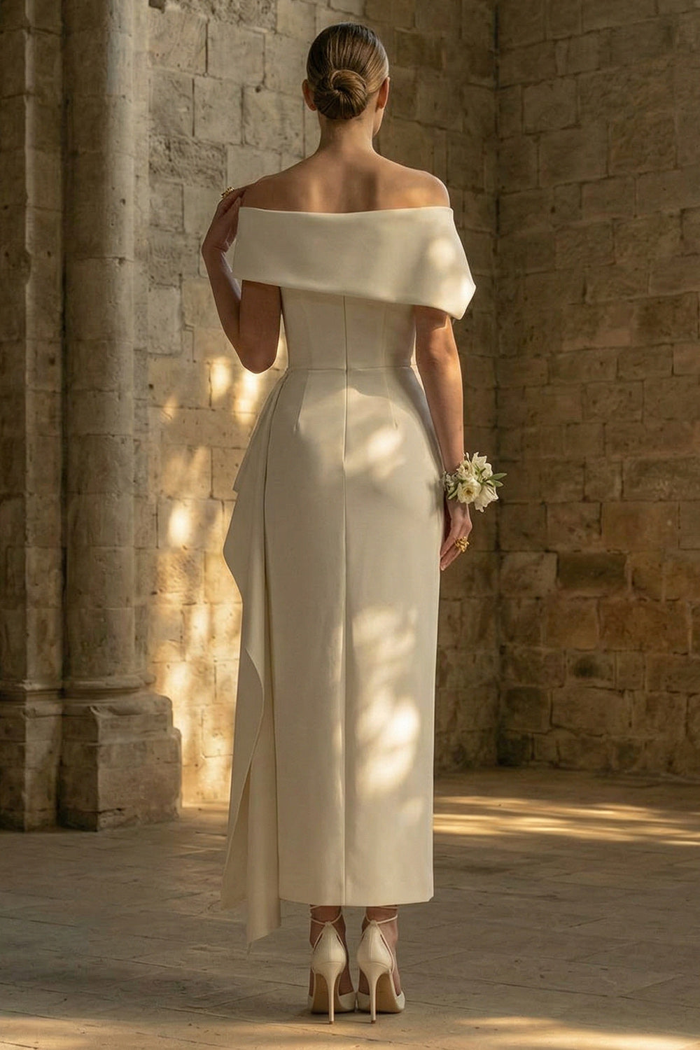 Sheath Off The Shoulder Ruched White Maxi Reception Dress for Bride with Side Cape