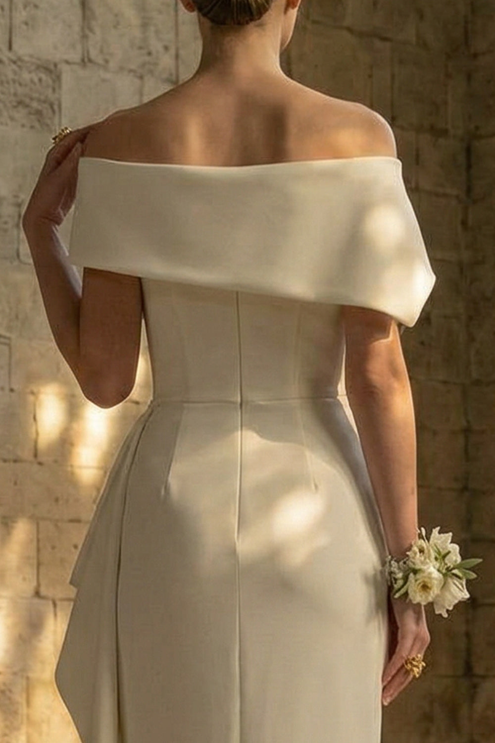 Sheath Off The Shoulder Ruched White Maxi Reception Dress for Bride with Side Cape