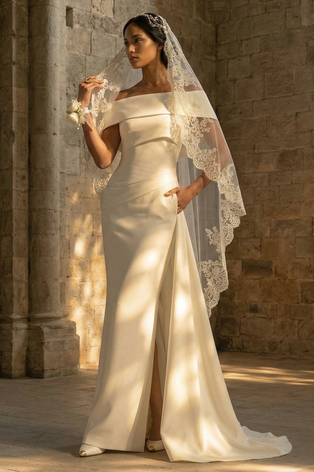 Mermaid Off the Shoulder White Maxi Boho Reception Dress for Bride with Slit