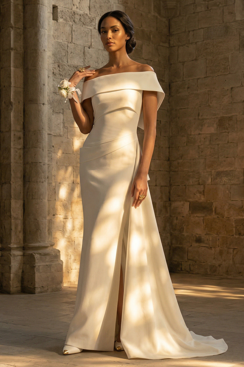 Mermaid Off the Shoulder White Maxi Boho Reception Dress for Bride with Slit
