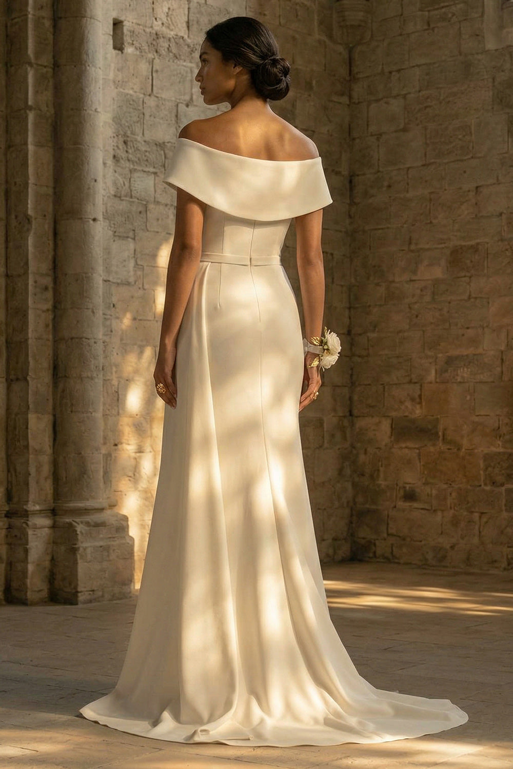 Mermaid Off the Shoulder White Maxi Boho Reception Dress for Bride with Slit