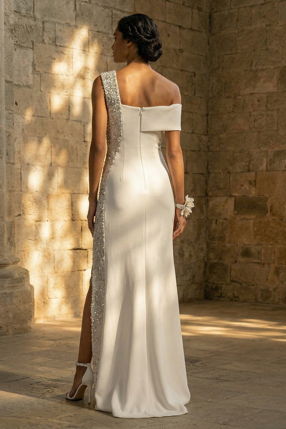 Sparkly One Shoulder Sheath Beaded White Maxi Reception Dress for Bride with Slit