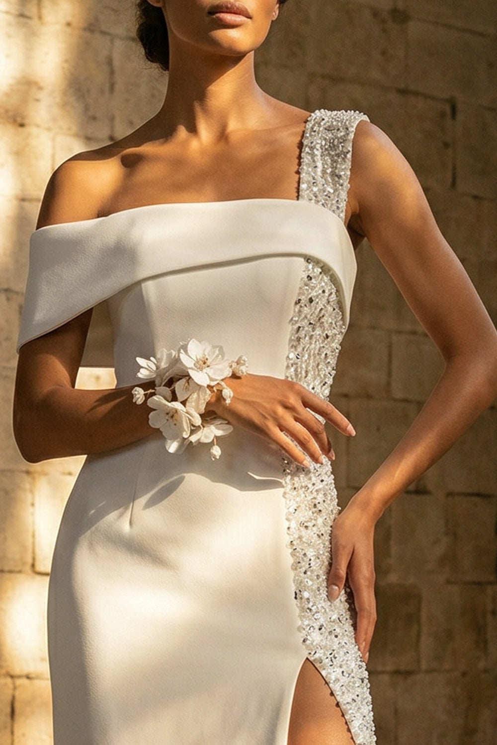 Sparkly One Shoulder Sheath Beaded White Maxi Reception Dress for Bride with Slit