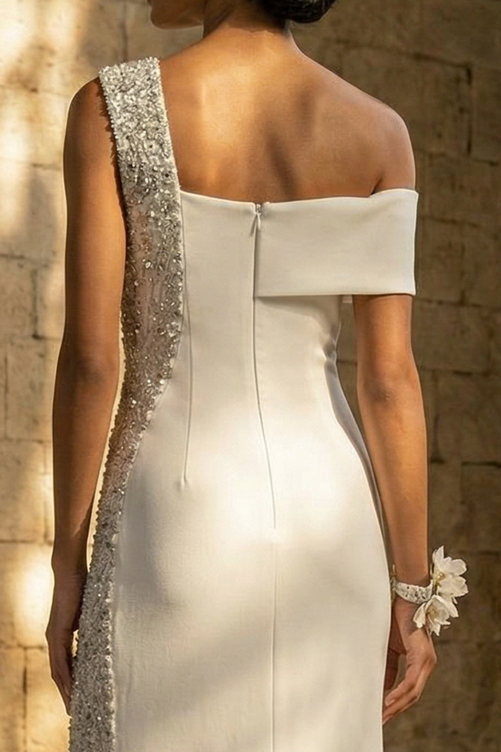 Sparkly One Shoulder Sheath Beaded White Maxi Reception Dress for Bride with Slit