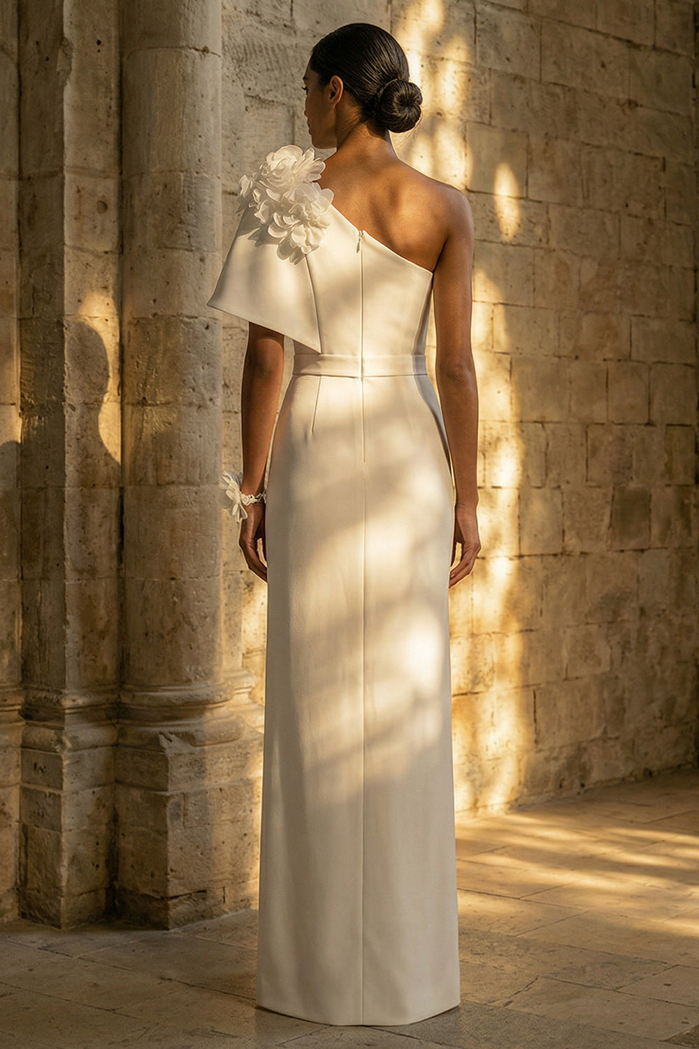 Floral Maxi Sheath One Shoulder White Reception Dress for Bride with Slit
