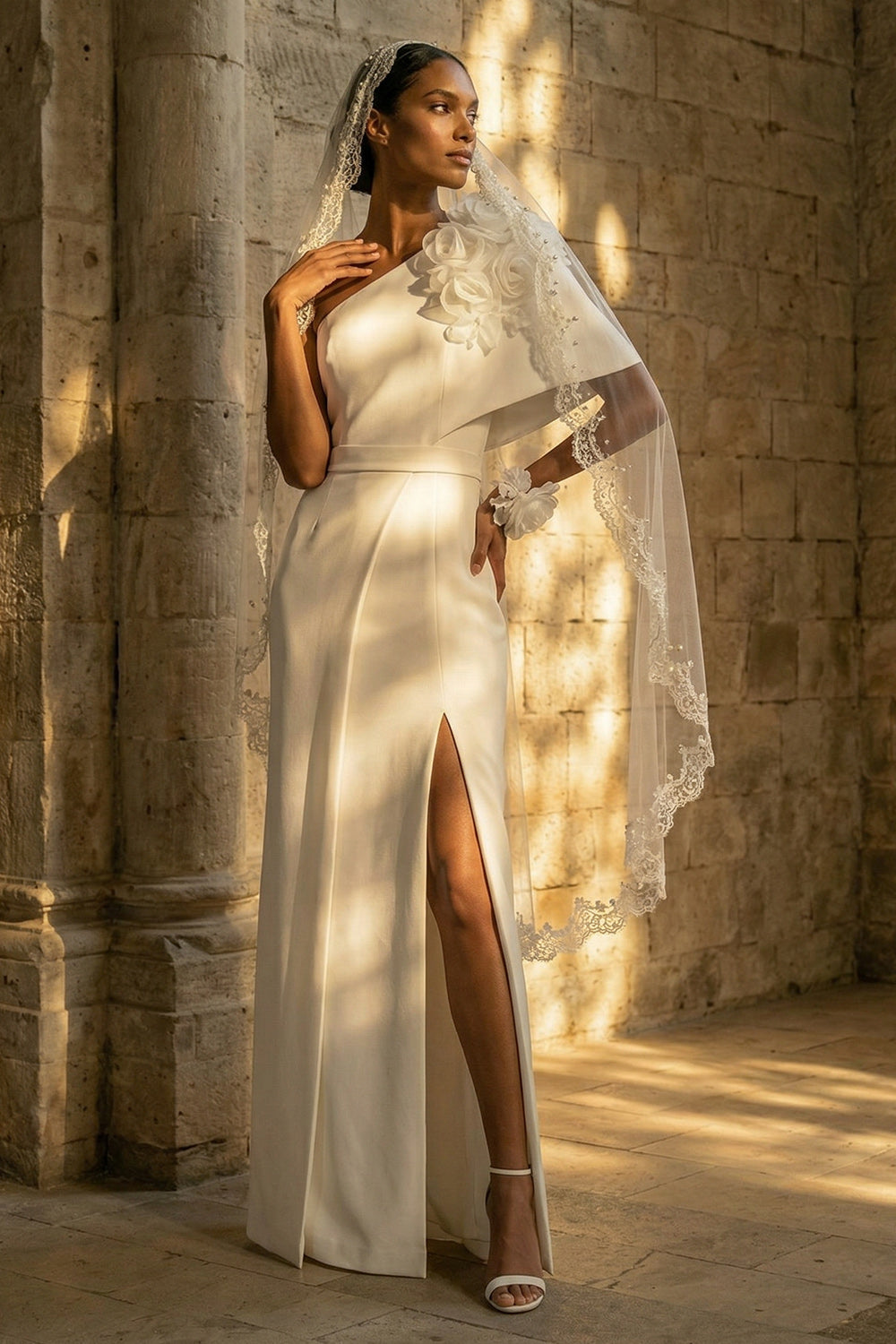 Floral Maxi Sheath One Shoulder White Reception Dress for Bride with Slit
