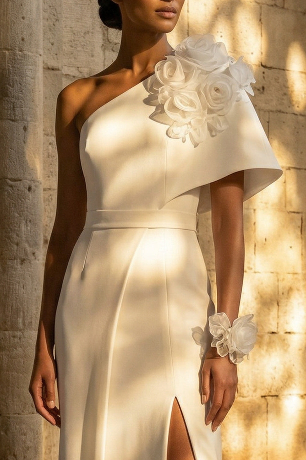 Floral Maxi Sheath One Shoulder White Reception Dress for Bride with Slit