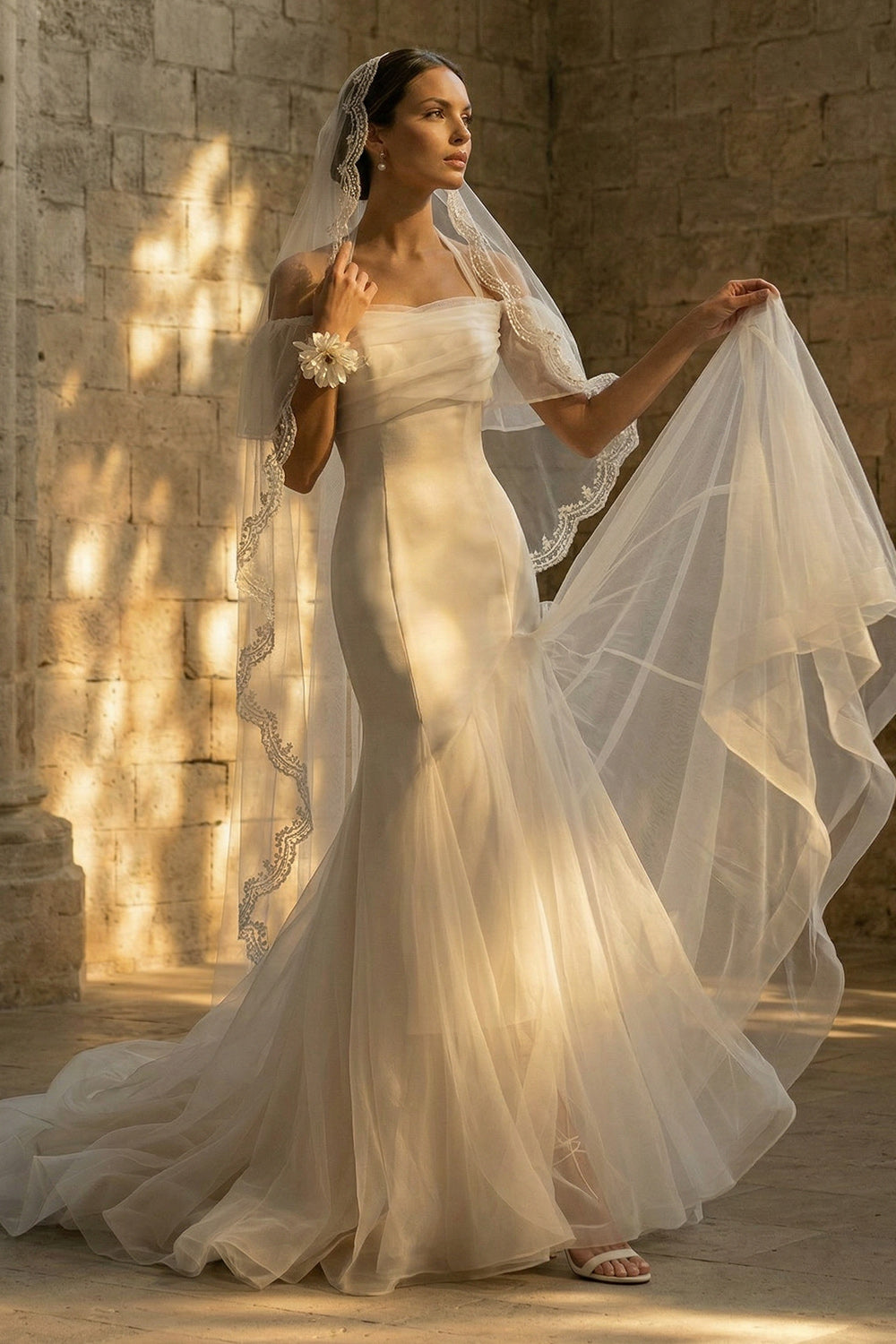 Mermaid Halter Long White Boho Reception Dress for Bride with Sleeves